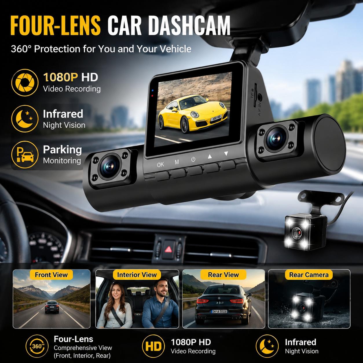 Panoramic Dash Cam 360 - 4렌즈 대시캠 1080P 풀 HD 360도